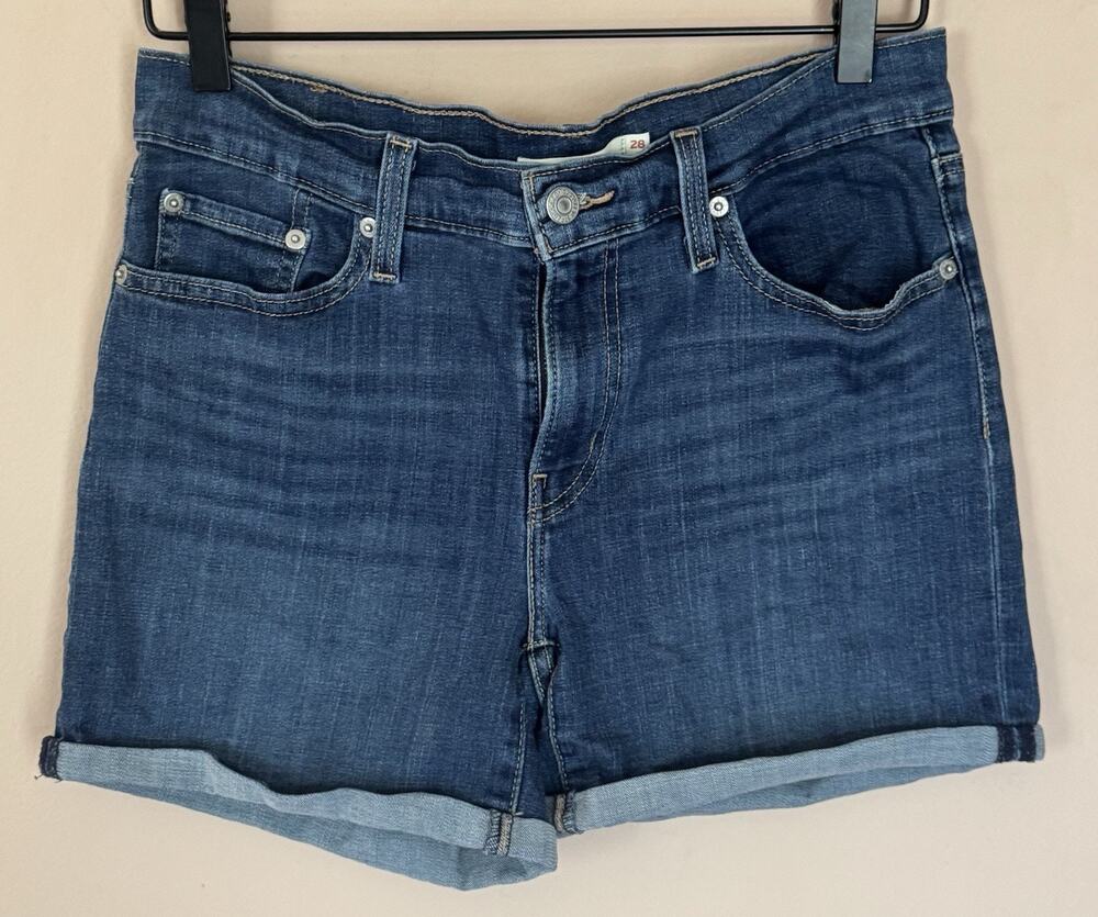 Levis Womens Classic Casual Mid Length Comfy Denim Shorts 28 Blue Cuffed Stretch